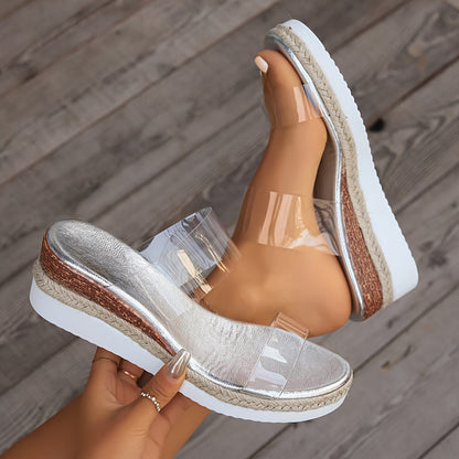 [Small Height Increase Heels Sandals] Fashionable Transparent Single-word Thick-soled Slope Heel Sandals For Women, New Style In Summer, Sponge Cake Style, Small Height Increase, Casual High Heels.