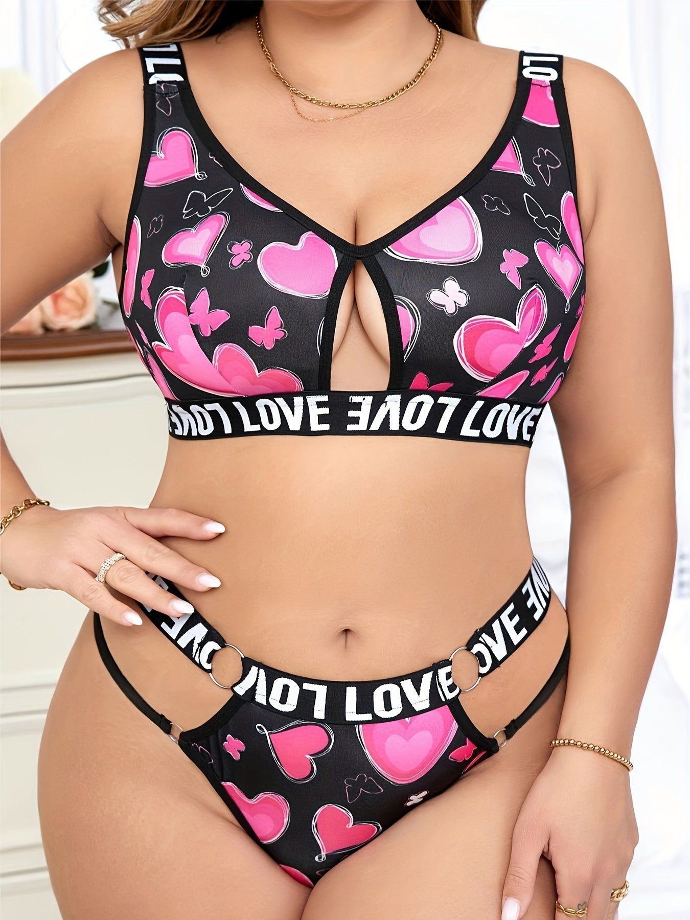 Women's Plus Sexy Lingerie Set - Plus Size Heart Print Letter Tape Cut-out Ring Linked Bra & Panty Lingerie 2 Piece Set - For Women - Perfect for Romantic Occasions - Ideal Gift for Her