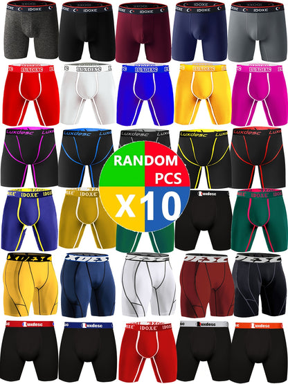 [10 Pcs Trendy Letter Belt Briefs] Random 10 Pcs Men's Trendy Letter Belt & Solid Stretchy Long Boxer Briefs, Comfy & Breathable Underwear, M/L/XL/XXL