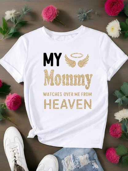 Women'S "My Mommy Watches Over Me from Heaven" Graphic T-Shirt - Casual Crew Neck, Short Sleeve, Comfortable Knit Top, Machine Washable, Ideal for Outdoor Activities and Casual Attire, Ladies T Shirts