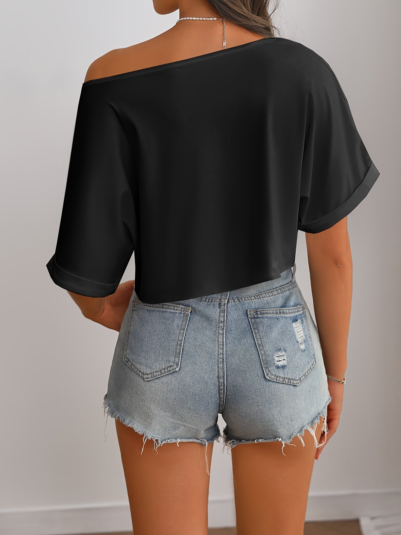 [Polyester Off-Shoulder Crop Top] Breathable Polyester Blend Off-Shoulder Crop Top T-Shirt - Casual Style, Machine Washable, Solid Color, Perfect for All Seasons