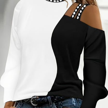 Chic Off-Shoulder Top - Color Block, Stretchy Polyester Blend, Machine Washable, Casual Long Sleeve for All Season Wear