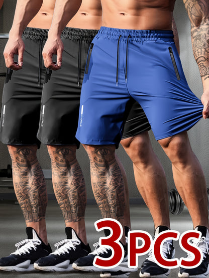 Set of 3 Breathable High-Elastic Drawstring Waist Shorts with Zipper Pockets for Men'S Casual Sports And Jogging.