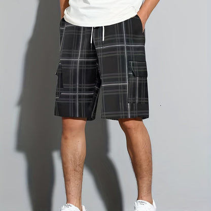 [Plaid Beach Shorts] Men's Plaid Drawstring Beach Shorts - Casual Cargo Shorts with Side Pockets for Summer Outdoor