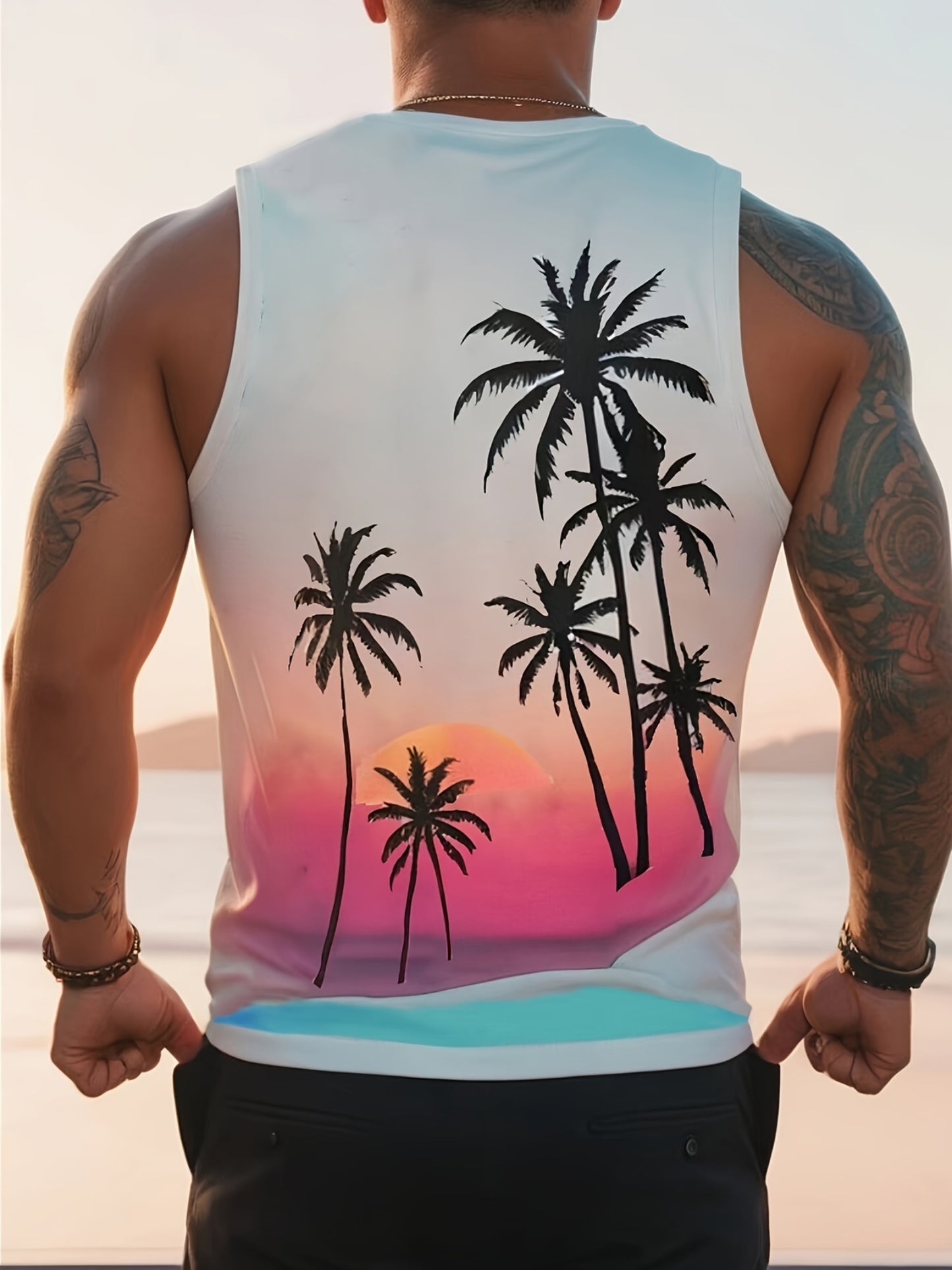 Men'S Stylish Beach Tank Top with Trendy Palm Tree Design. Premium Quality Digital Print.