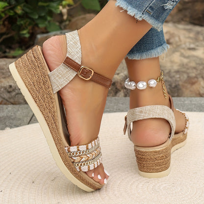 [Summer Rhinestone Wedge Sandals] Women's Casual Wedge Sandals - Open Toe, Ankle Strap, Summer Fashion with Rhinestone Accents, for Spring