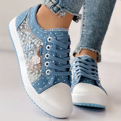 [Floral Mesh Sneakers] Light Blue Women's Floral Mesh Sneakers - Lace-Up Low Tops with Rhinestone Accents, Casual Shoes, Synthetic Cover Sole