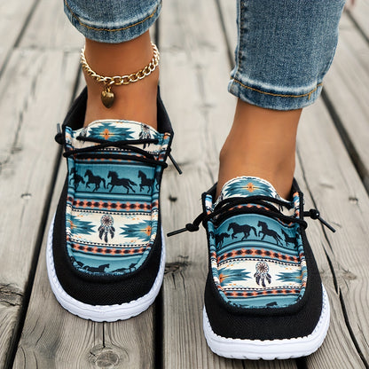 Women'S Casual Round Toe Slip-on Flat Sneakers, All-season, Black and Blue, Thousand Li Horse Pattern Canvas Fabric, Breathable, Non-slip, EVA Sole, Positioning Printing, Hand Wash, Fabric Upper and Inner Material with Elasti