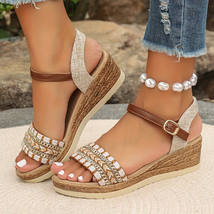 [Summer Rhinestone Wedge Sandals] Women's Casual Wedge Sandals - Open Toe, Ankle Strap, Summer Fashion with Rhinestone Accents, for Spring