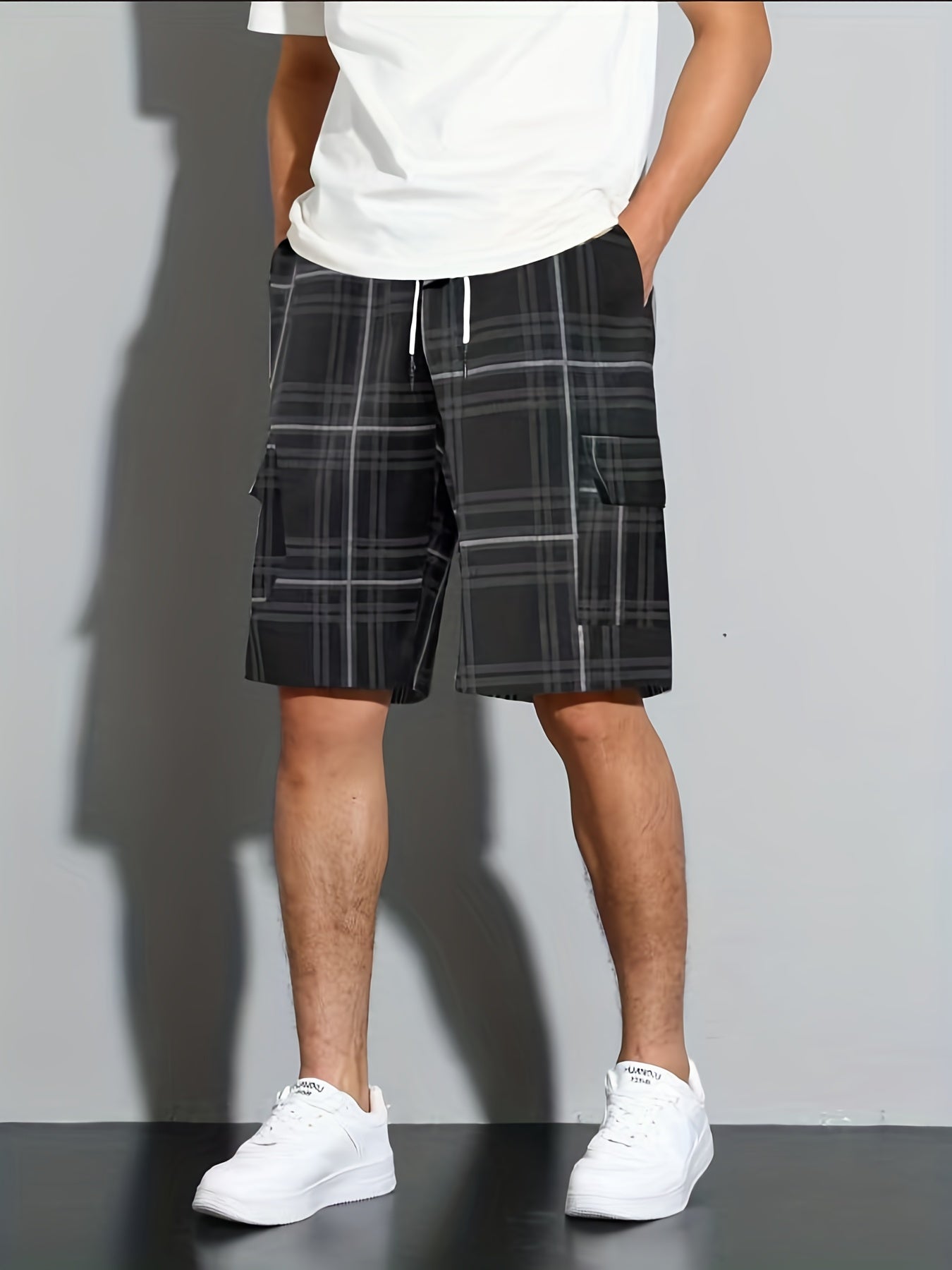 [Plaid Beach Shorts] Men's Plaid Drawstring Beach Shorts - Casual Cargo Shorts with Side Pockets for Summer Outdoor