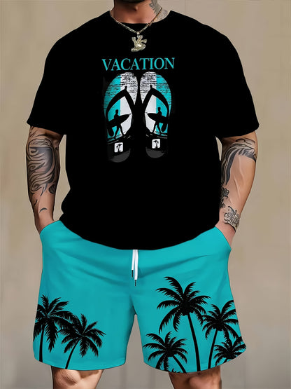 [Vacation-Themed Graphic Tee & Shorts] Plus Size 3D Digital Print Vacation-Themed Graphic Tee & Shorts Set - Breathable Polyester Blend, Casual/Sporty, Machine Washable, with Pockets & Drawstrings