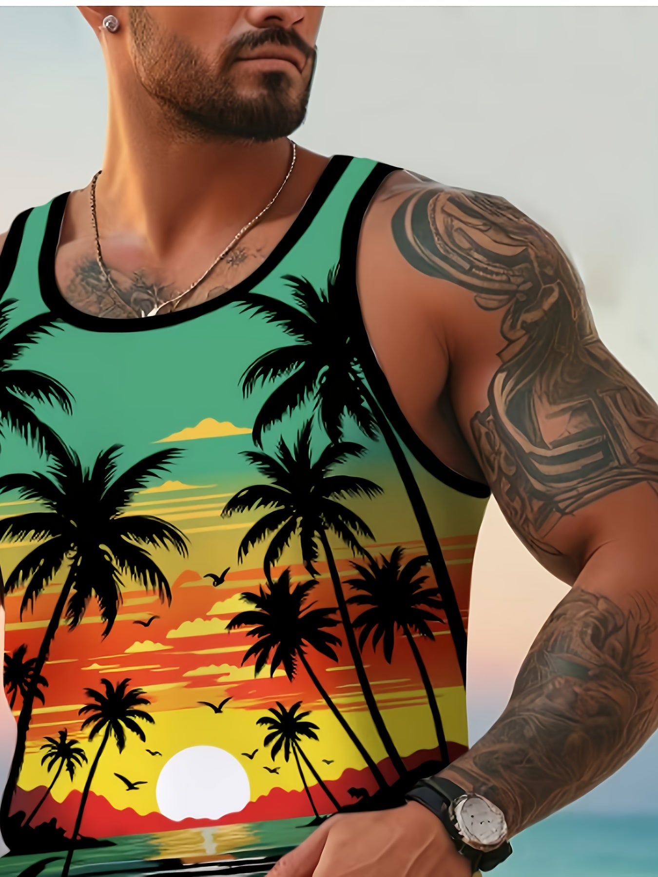 Men'S Stylish Beach Tank Top with Trendy Palm Tree Design. Premium Quality Digital Print.