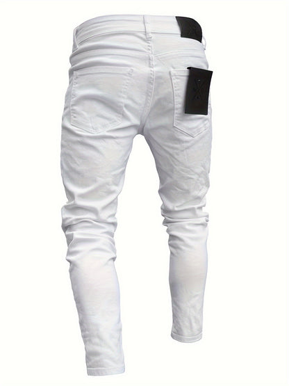 [Skinny Ripped Men Jeans] Men Casual Skinny Ripped Jeans, Stretch Distressed Slim Fit Pants, Destroyed Zipper Holes Embroidery Trousers