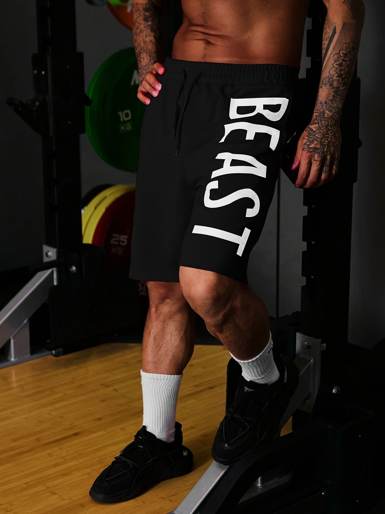 Letter Print "BEAST" Shorts With Drawstring And Pockets, Chic And Stylish Sports Shorts For Men's Summer Fitness And Outdoors Wear