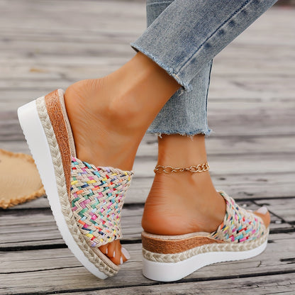 [Colorful Woven Straw Sandals] Women's Colorful Woven Straw Sandals, Platform Slip On Summer Holiday Shoes, Comfort Wedge Beach Shoes