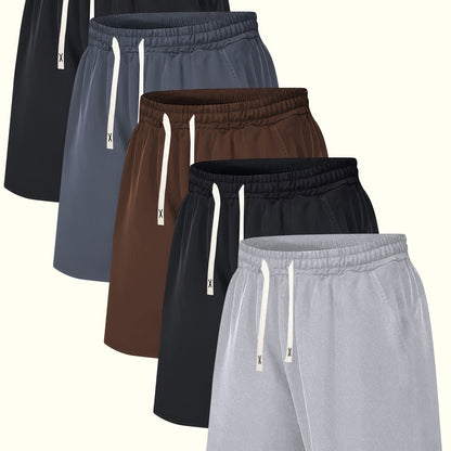 5pcs Men's Athletic Shorts - Lightweight, Polyester Blend, Elastic Waistband, Casual Summer Beachwear