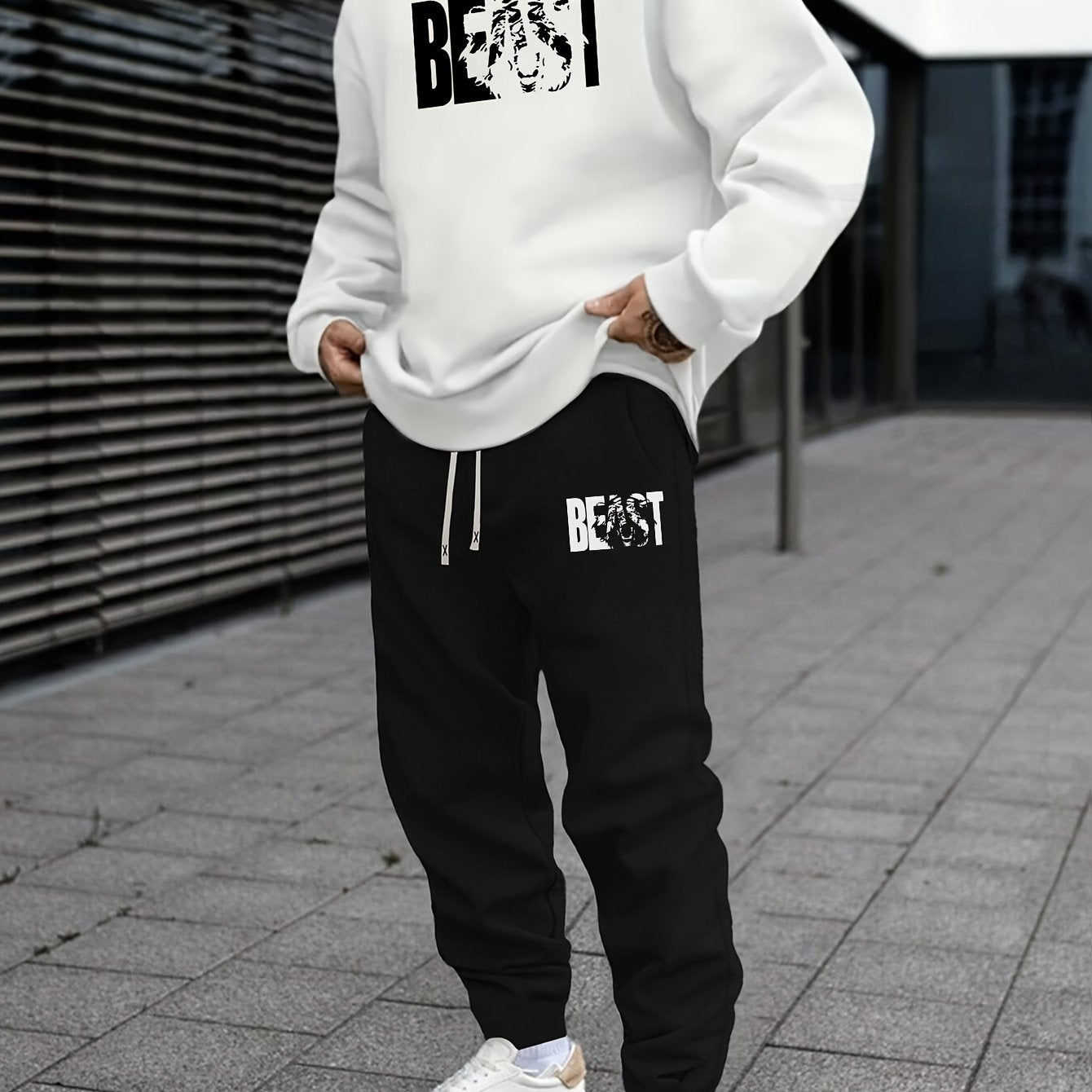 Autumn Beast Animal Pattern Print Men's Sweatshirt Set - Casual Alphabet Print Sweatshirt and Waist Drawstring Trousers