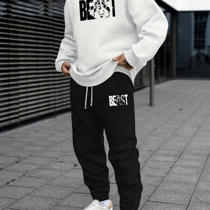 Autumn Beast Animal Pattern Print Men's Sweatshirt Set - Casual Alphabet Print Sweatshirt and Waist Drawstring Trousers