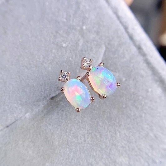 Classic Opal Earrings for Office Woman 4*6mm Real Natural Opal Stud Earrings 925 Sterling Silver Opal Jewelry