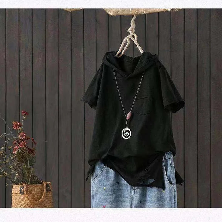 Women's Hooded T-shirt 2024 Original 95% Cotton Summer New Style Loose Cotton Short-sleeved Literary Hole Casual Women Clothing