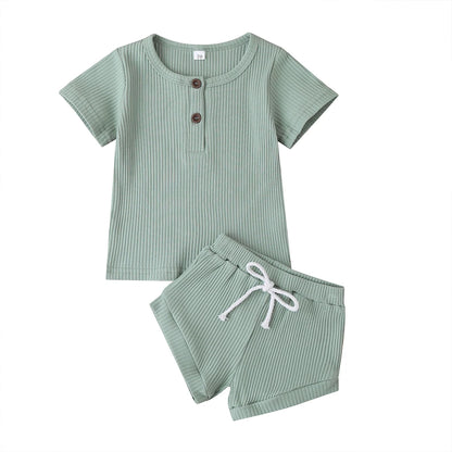 Cotton Casual Summer Newborn Baby Boys Girls Outfits Suit Ribbed Knitted Short Sleeve T-shirts Tops+Shorts 2Pcs Kids Tracksuits