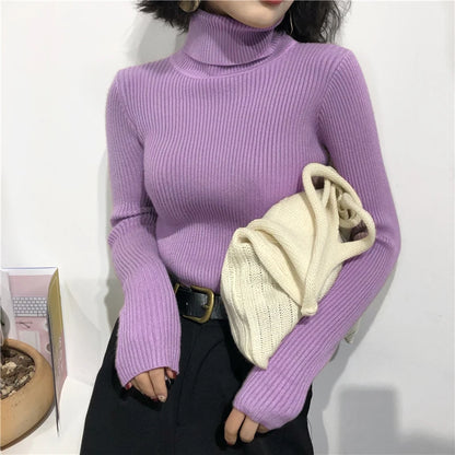 2025 Autumn Winter Thick Sweater Women Knitted Ribbed Pullover Sweater Long Sleeve Turtleneck Slim Jumper Soft Warm Pull Femme