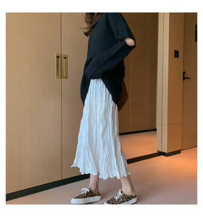 Skirts Women Solid Design Midi All-match Folds Korean Style Leisure High Waist Daily Female Newest Irregular Elegant Cozy Faldas