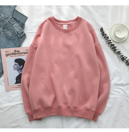 Woman Solid Color O-Neck Sweatshirt Casual Loose Fit Hoodie Harajuku Aesthetic Streetwear Velvet Pullover White Tops Korean Pop