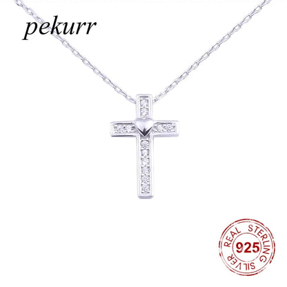 Pekurr 925 Sterling Silver Heart Zircon Templar Cross Necklaces For Women Long Chains Collar Pendants Trinket Jewelry Gift