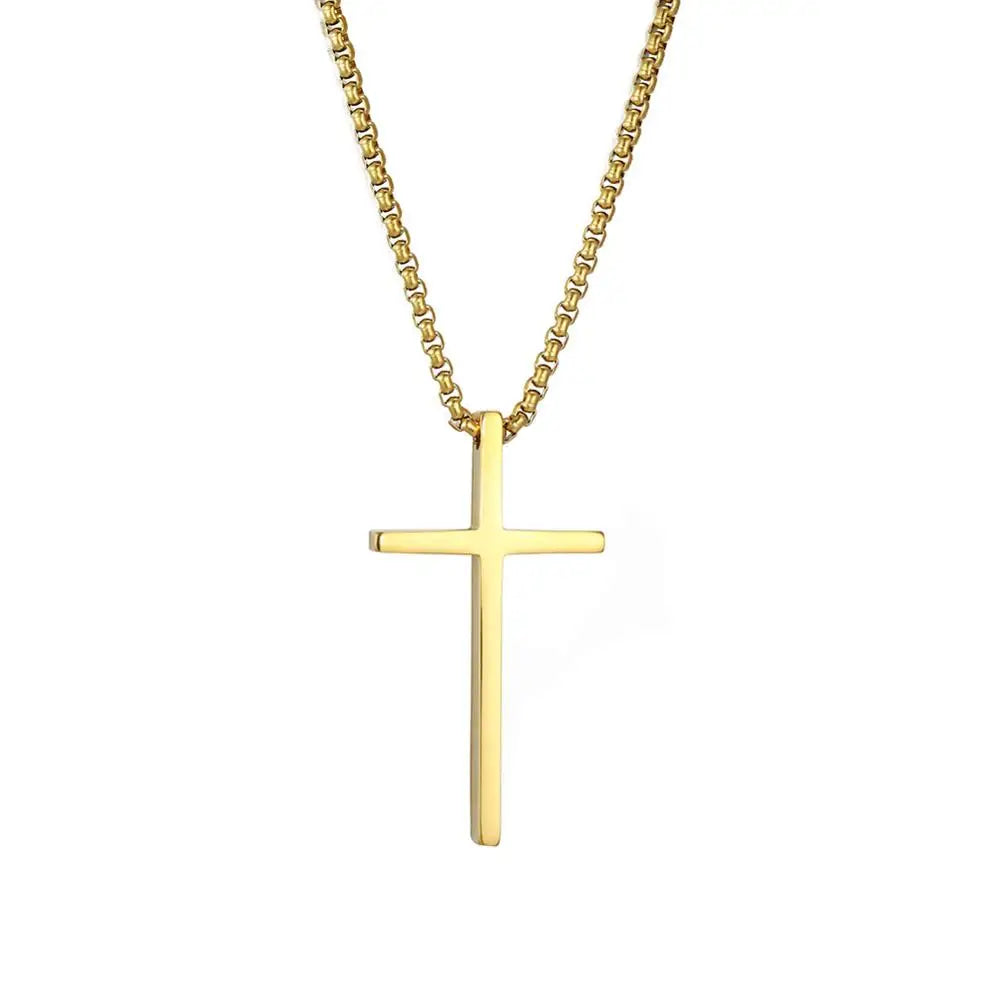 Lemegeton Hip Hop Cross Pendant Necklace for Men Women Box Chain Charm Necklaces Choker Stainless Steel Religious Jewelry Gifts