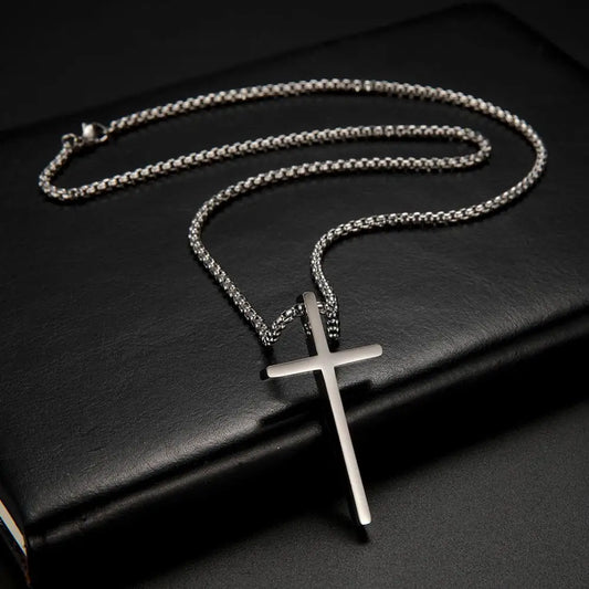 Lemegeton Hip Hop Cross Pendant Necklace for Men Women Box Chain Charm Necklaces Choker Stainless Steel Religious Jewelry Gifts