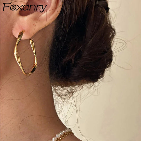 Foxanry Prevent Allergy Silver Color Stud Earrings for Women Vintage Elegant Gold Plated Twisted C Shape Bride Jewelry