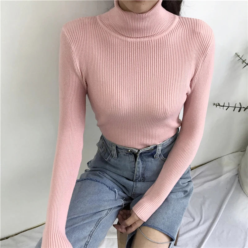 2025 Autumn Winter Thick Sweater Women Knitted Ribbed Pullover Sweater Long Sleeve Turtleneck Slim Jumper Soft Warm Pull Femme