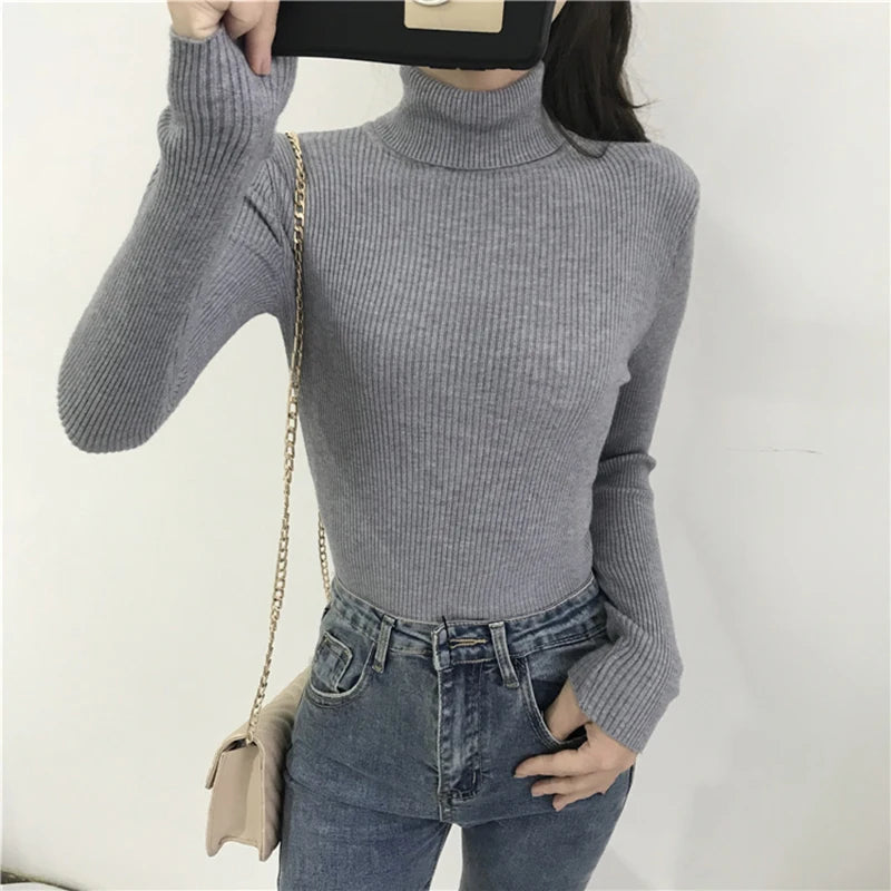 2025 Autumn Winter Thick Sweater Women Knitted Ribbed Pullover Sweater Long Sleeve Turtleneck Slim Jumper Soft Warm Pull Femme