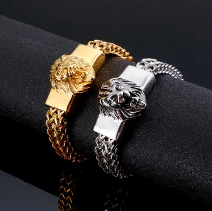 Fashion Gold Color Lion King Stainless Steel Braided Chain Bracelet Domineering Men\\'s Rock Wristband Alloy Lion Head Jewelry