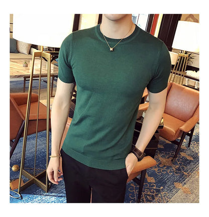 Top Quality Summer Thin Short Sleeved Knitwear T-shirt Men Clothing 2024 Solid Color Slim Fit O-Neck Tee Shirt Streetwear 3XL-M