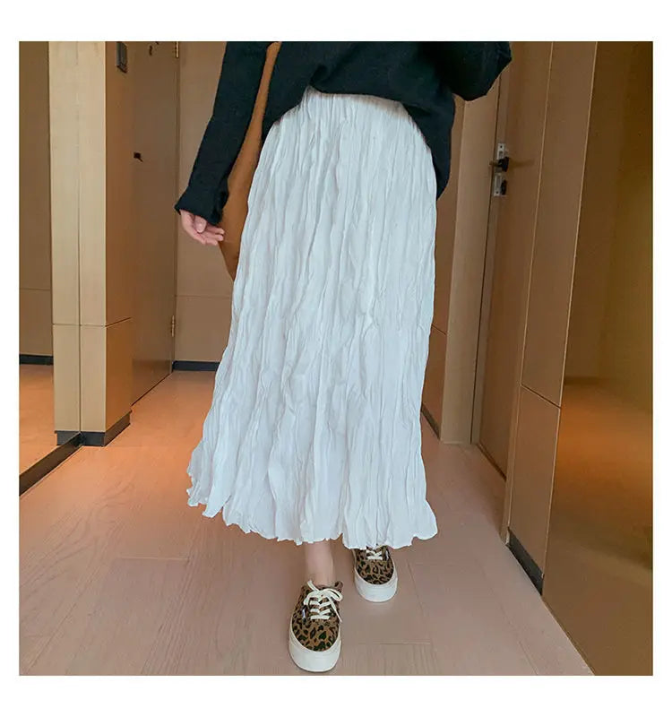 Skirts Women Solid Design Midi All-match Folds Korean Style Leisure High Waist Daily Female Newest Irregular Elegant Cozy Faldas