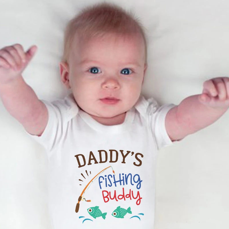 Cotton Newborn Baby Boy Girl Short Sleeve Romper Letter Print Daddy's Fishing Buddy Romper Outfits Summer Baby Clothes White