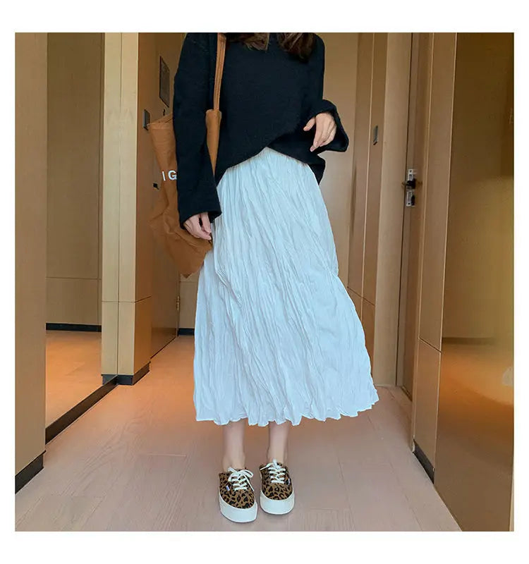 Skirts Women Solid Design Midi All-match Folds Korean Style Leisure High Waist Daily Female Newest Irregular Elegant Cozy Faldas