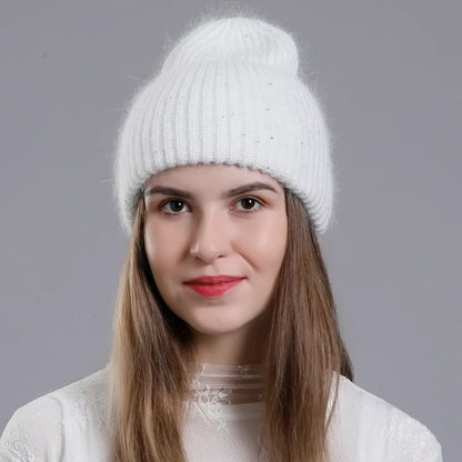 CNTANG 2024 Winter Hat Fashion Real Rabbit Fur Hats For Women Warm Skullies Beanies With Sequins High Flanging Knitted Caps