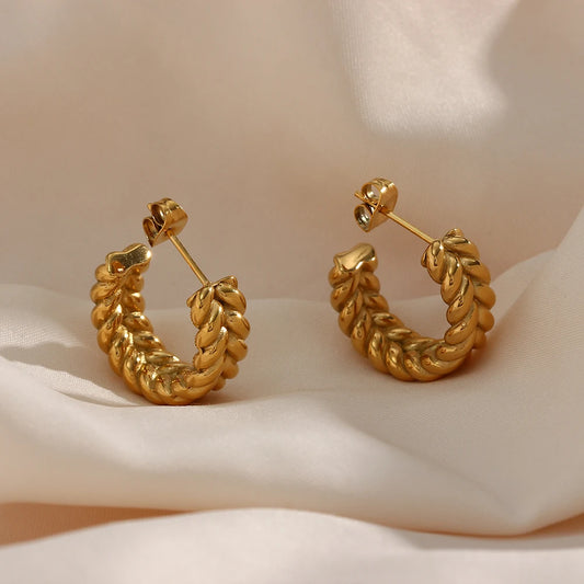 High End Fashion Tarnish Free Funky Earrings18K Gold Plated Stainless Steel Wheat Grain Aesthetic Hoop Earrings For Women