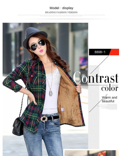 Plus Velvet Thicker Shirt Style Jacket Coat 2023 Winter New Hot Multicolor Plaid Warm Fleece Women Tops Brand Female Outerwear