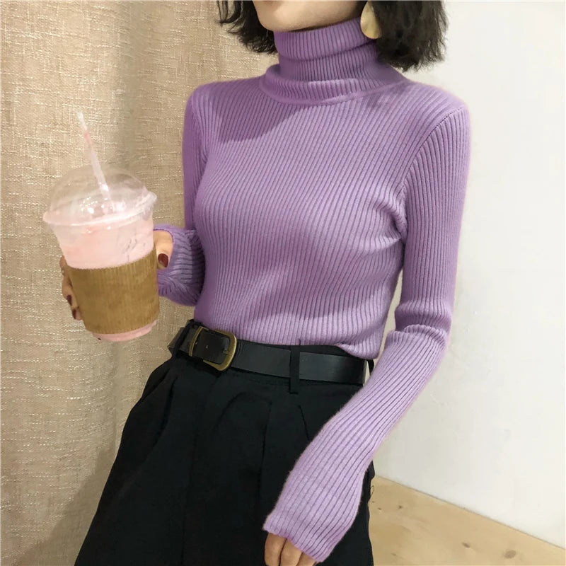 2025 Autumn Winter Thick Sweater Women Knitted Ribbed Pullover Sweater Long Sleeve Turtleneck Slim Jumper Soft Warm Pull Femme