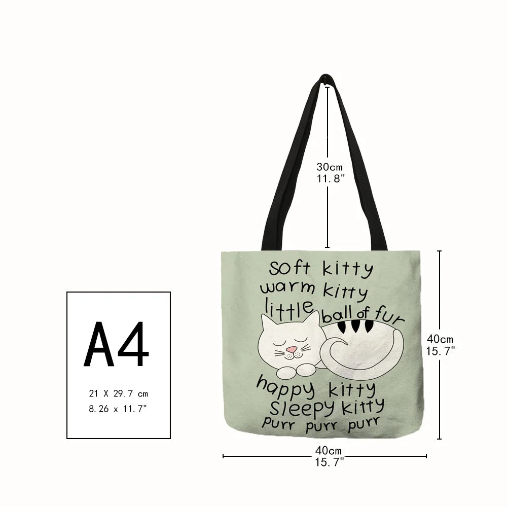 Lovely Pattern Women Totes Cute Cartoon Cats Image Printed Handbag Eco Linen Fashion Traveling Practical Shoulder Bag Lady