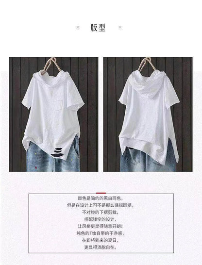 Women's Hooded T-shirt 2024 Original 95% Cotton Summer New Style Loose Cotton Short-sleeved Literary Hole Casual Women Clothing