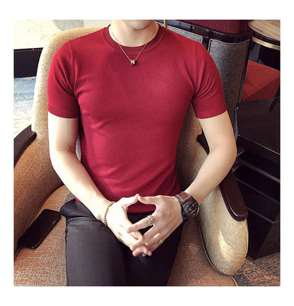 Top Quality Summer Thin Short Sleeved Knitwear T-shirt Men Clothing 2024 Solid Color Slim Fit O-Neck Tee Shirt Streetwear 3XL-M