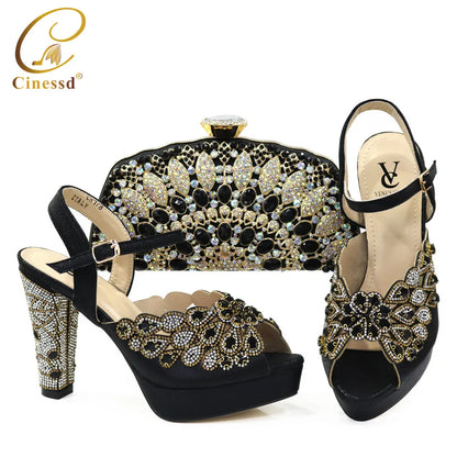 New Arrival African Wedding Shoes and Bag Set Decorated with Rhonestone Shoes and Bags To Match for Wedding Luxury Shoes Women