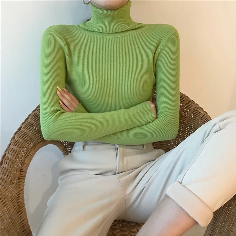 2025 Autumn Winter Thick Sweater Women Knitted Ribbed Pullover Sweater Long Sleeve Turtleneck Slim Jumper Soft Warm Pull Femme