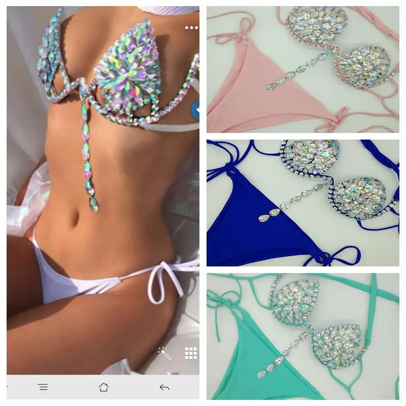 2020 venus vacation new tassels bikini set rhinestone swimwear diamond swimsuit bandage bathing suit bling stones beachwear