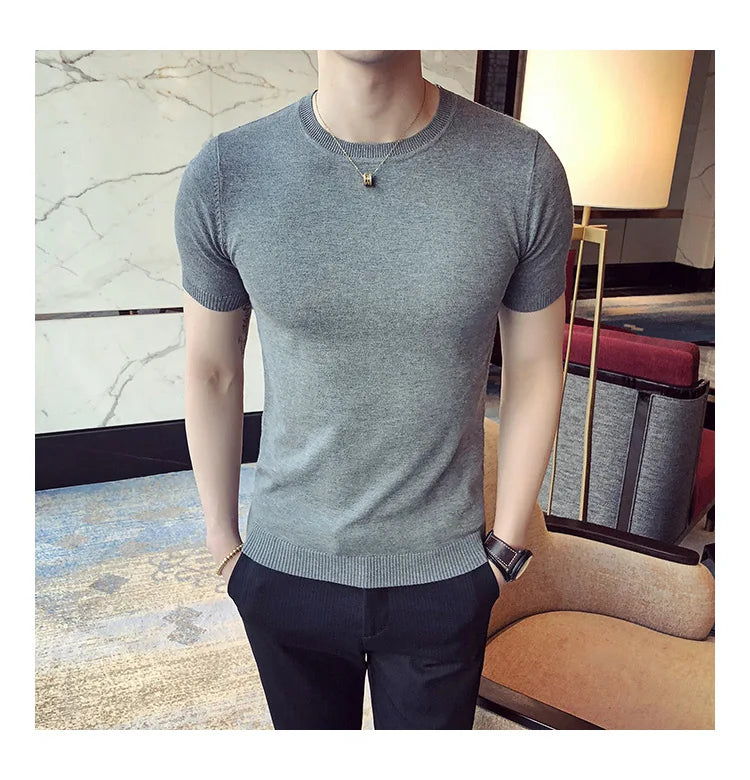 Top Quality Summer Thin Short Sleeved Knitwear T-shirt Men Clothing 2024 Solid Color Slim Fit O-Neck Tee Shirt Streetwear 3XL-M